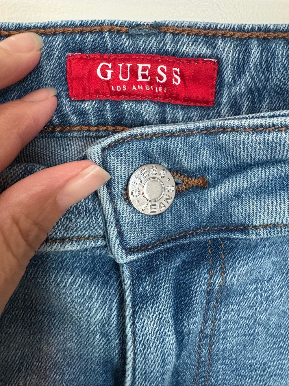 GUESS Light Blue Mid Rise Boot Cut Denim Jeans with Red Logo Patch